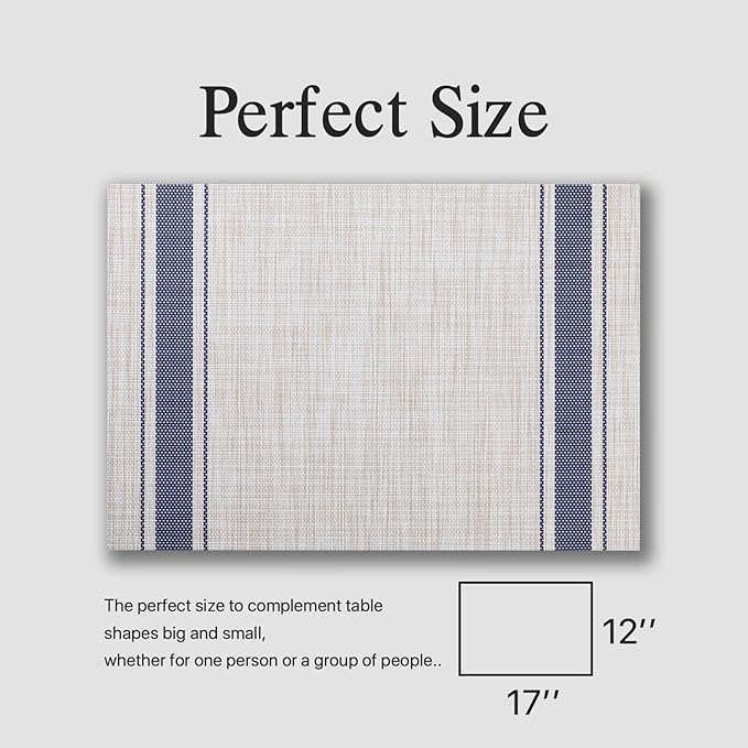 Placemats Set of 12 - Easy Clean Woven Vinyl Placemats for Dining Table, Indoor/Outdoor Place Mats, Washable PVC Table Mats（Blue Skyline）