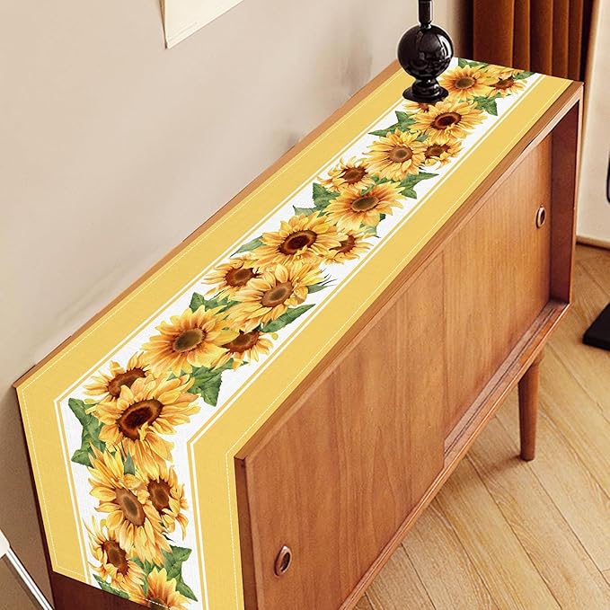 Yellow Sunflower Table Runner, Rustic Farmhouse Summer Sunshine Boho Floral Bee Rural Cottage Watercolor Decorations Table Decor for Home Kitchen Dining Patio Indoor Outdoor Cafe, 13"x36" Inch