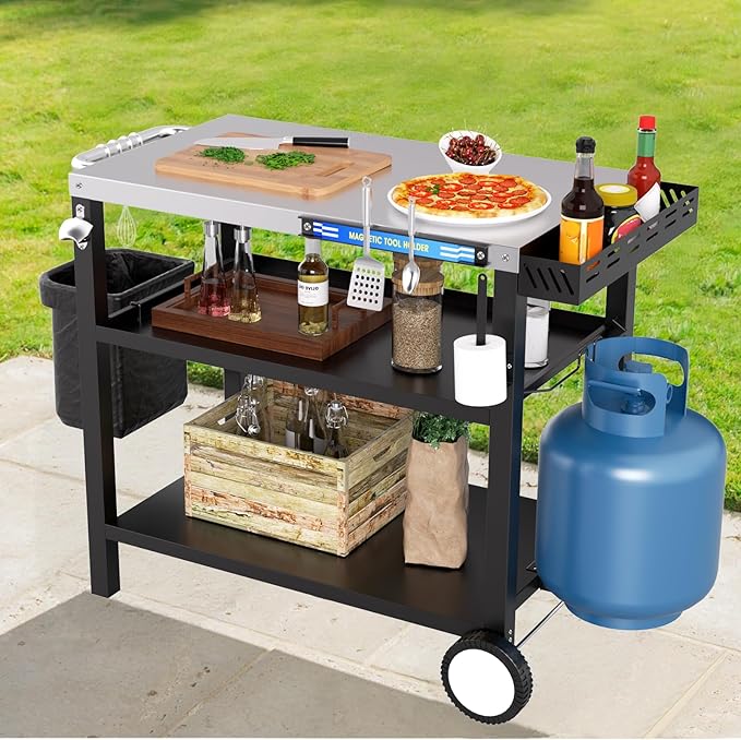 34" L x 20" W Stainless Steel Outdoor Grill Table, Grill Cart for Outside, Pizza Oven Table Stand with Magnetic Tool Holder, Wheels,Hooks, Side Tray &Handle