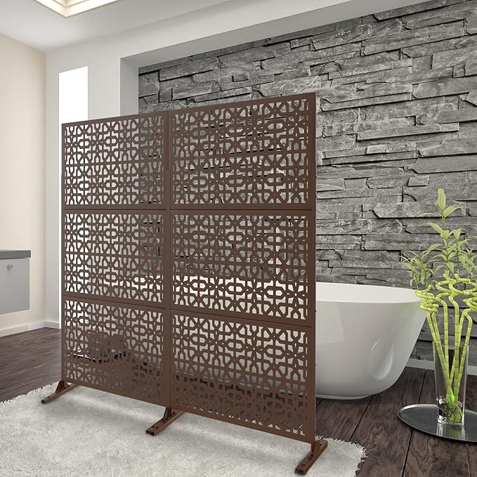 Elevens Outdoor Decor Privacy Fence Screen Metal Fence Panels,Decorative Privacy Screen with Stand,Outdoor Divider for Garden Patio Backyard,76" H×35" W(Brown-Perilla)