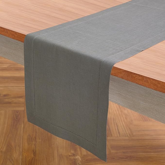 Solino Home Linen Steel Gray Table Runner 120 Inches Long - 100% Pure Linen Hemstitch 14 x 120 Inch Table Runner for Dining, Spring - Classic Hemstitch