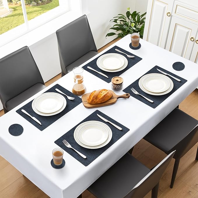 MOSAYT Placemats Set of 4, Heat Resistant Vinyl Place Mats with Coasters, 100% Waterproof Wipeable Washable Faux Leather Table Mats for Kitchen Dining Party Outdoor, 12" x 17", Navy Blue