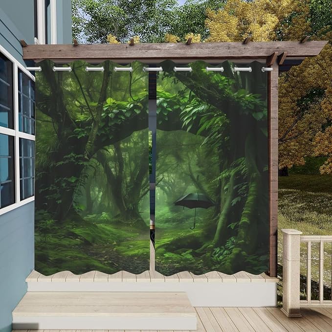 Nature Theme Waterproof Indoor/Outdoor Curtains,Forest Pattern,Privacy Weatherproof Grommet Outside Curtains for Porch, Pergola, Cabana,2 Panel,W54 x L96,Green