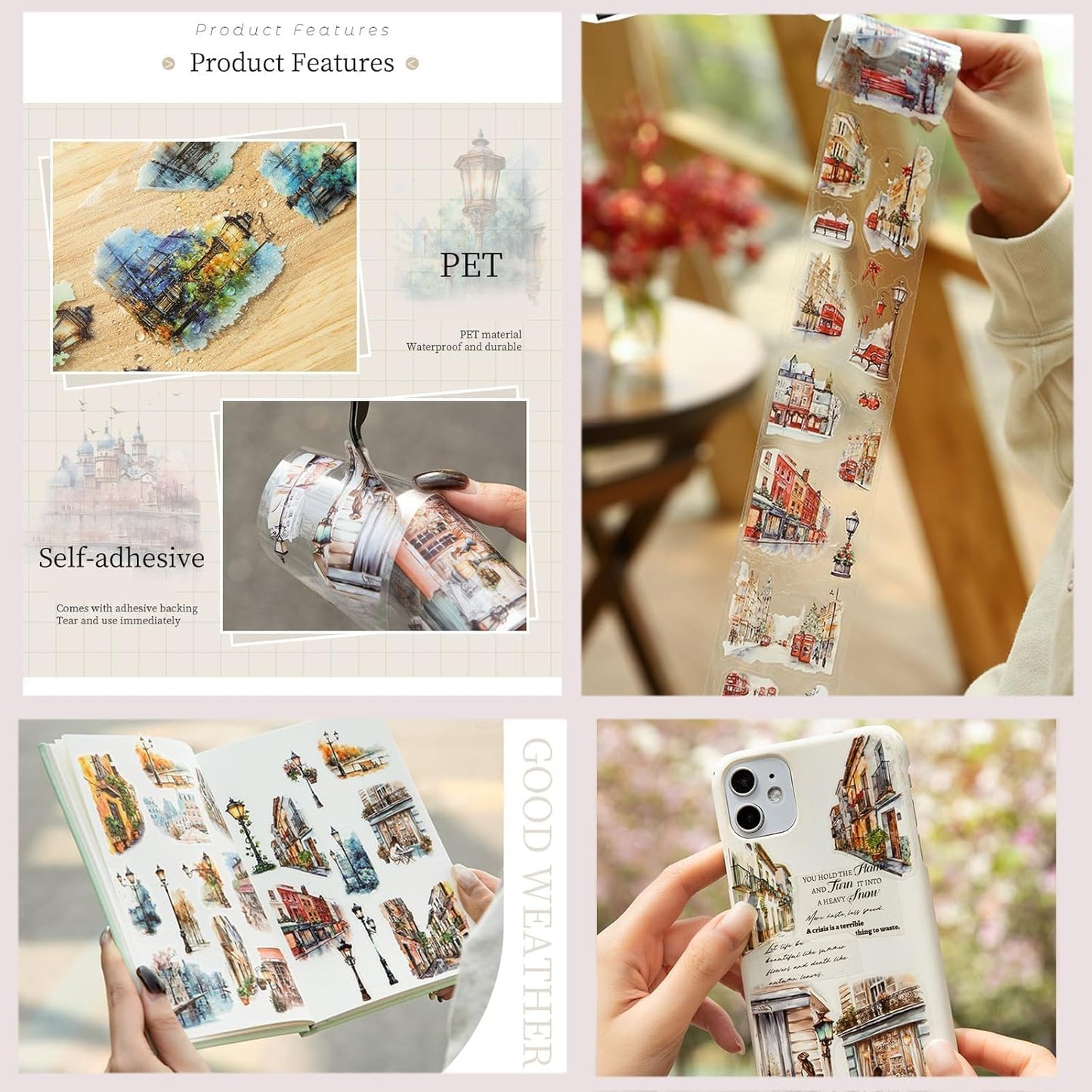 PET Tape Stickers for Journaling,6 Rolls Transparent Street Landscape Stickers for Scrapbook Supplies,Junk Journal,DIY Arts Crafts(Street Corner Travels)