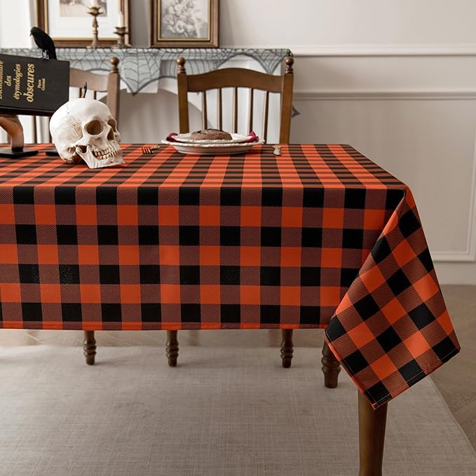 Gingham Plaid Tablecloth - Rectangular 58x102 Inch Water Resistant Halloween Decorations Table Cloth for Indoor Use - Seasonal Fall Harvest Table Cover for Kitchen, Picnics, and Parties