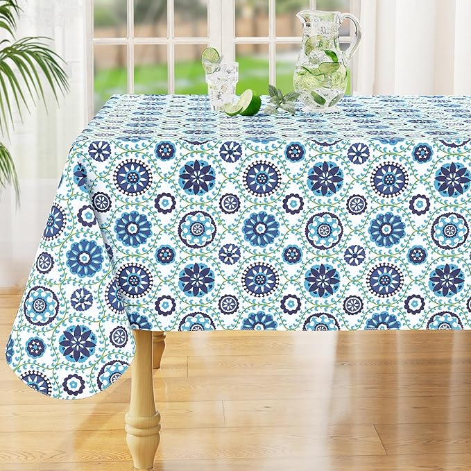misaya Rectangle Waterproof Vinyl Table Cloth, Wipeable Tablecloth with Flannel Backing, Plastic Table Cover for Dinner, Picnic, Indoor and Outdoor (Navy Mandala, 60" x 120")