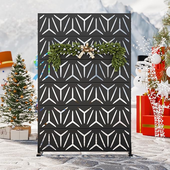 Casaphoria Metal Privacy Screen Outdoor, 72" H x 47" W Freestanding Decorative Privacy Screen for Patio Deck Balcony Garden with Stable Base, Black-stellate