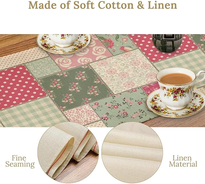 Patchwork Flowers Table Runner, Boho Plaid Floral Retro Romantic Rose Plants Table Runner for Dining Coffee Party Holiday Farmhouse 13x120in