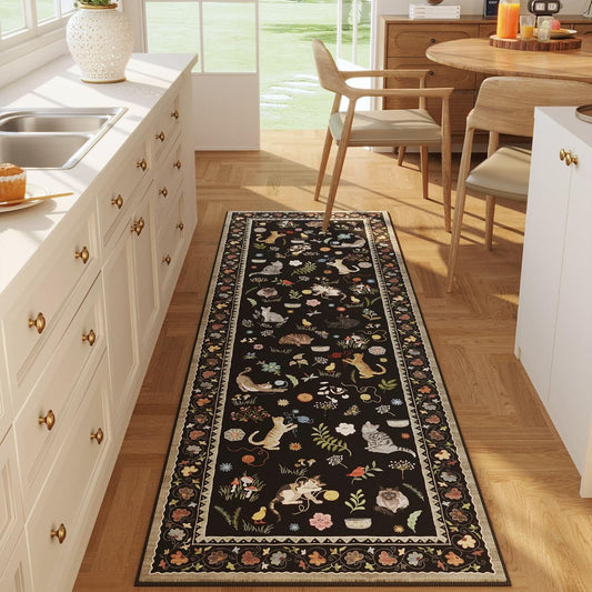 Rugcomf Runner Rug for Kitchen Non Slip 2'6''x8' Washable Rugs with Rubber Backing Soft Floral Animal Cat Carpet Runner for Kitchen Laundry Bedroom Bathroom, Black