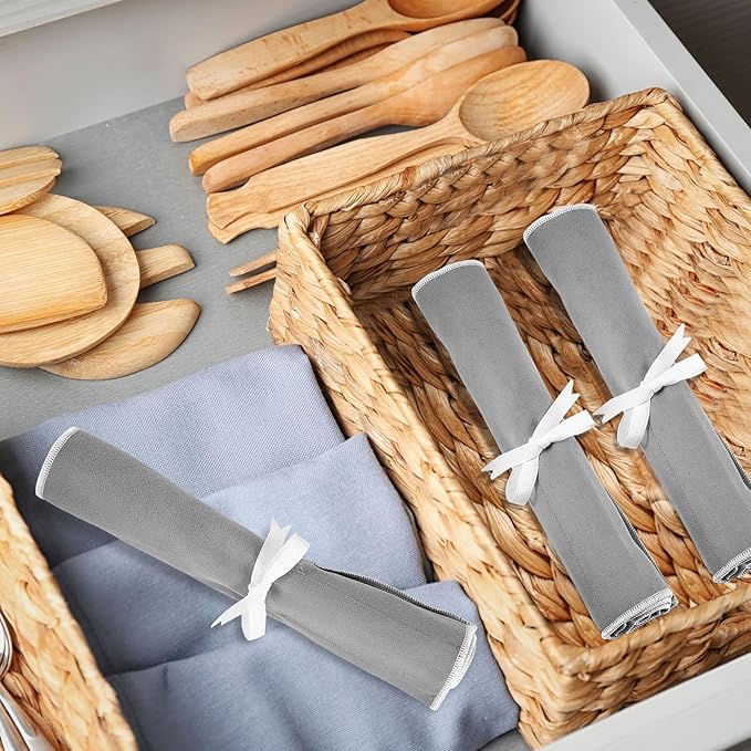 Hillban 12 Pcs Anti Tarnish Silver Storage Bags Silver Storage Cloth Felt Flatware Organizer Anti Tarnish Protector Bags Place Setting Roll with White Ribbon for Kitchen Cutlery (12 Slots,Grey)