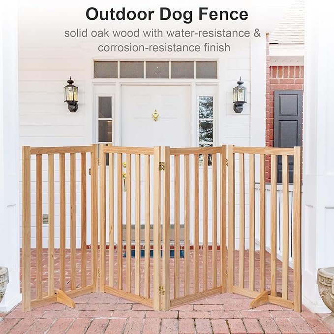 36" Height Extra Tall Freestanding Pet Gate, Solid Wood Folding Safety Fence Wooden Dog Gate with 2 PCs Support Feet Ideal for Stairs, Doorways, Halls, Kitchens, Heavy Duty Gates, 4 Panels, Oak