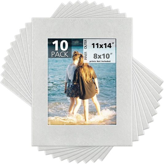 Mat Board Center, Pack of 10, 11x14 Silver Color Mats for 8x10 Pictures, Photos- Bevel Cut, Acid Free, 4-ply Thickness, White Core