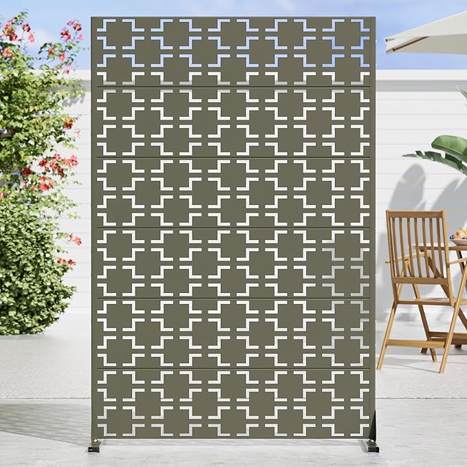 Casaphoria Metal Privacy Screen Outdoor, 72" H x 47" W Freestanding Decorative Privacy Screen for Patio Deck Balcony Garden with Stable Base, Grey-Brick