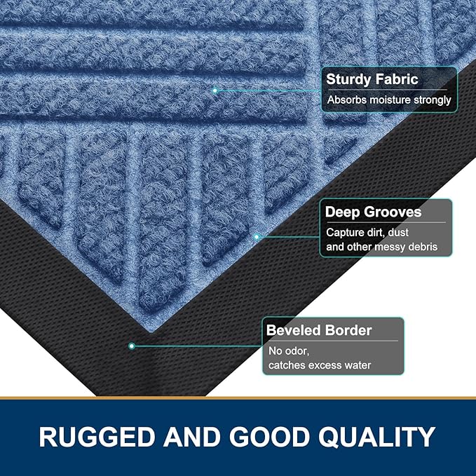 Smiry Front Door Mat Outside Entrance, Heavy Duty Outdoor Indoor Mat, Natural Rubber Doormat, Non Slip, Trap Dirt and Moisture, Easy Clean, Low Profile Patio Porch Entryway Mat, 59x23, Blue