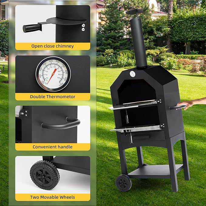 Outdoor Wood Fired Pizza Oven for Backyard and Camping - Portable Patio Pizza Maker with Baking Stone, Peel, Grill Rack and Waterproof Cover