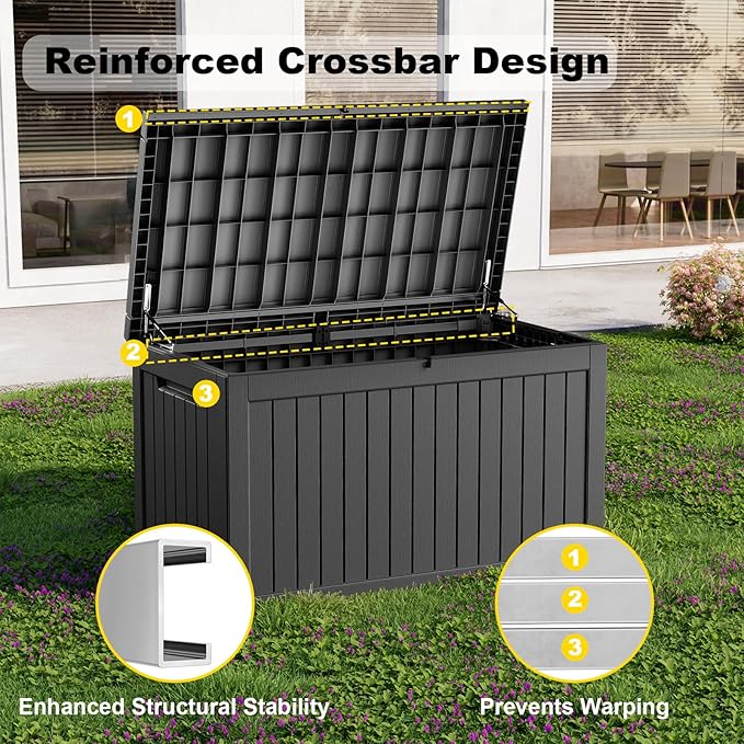 280 Gallon Waterproof Outdoor Storage Box, UV Resistant Resin Deck Box with Hydraulic Rod for Reinforced Stability, Perfect for Patio, Garden, and Pool, Striped Black