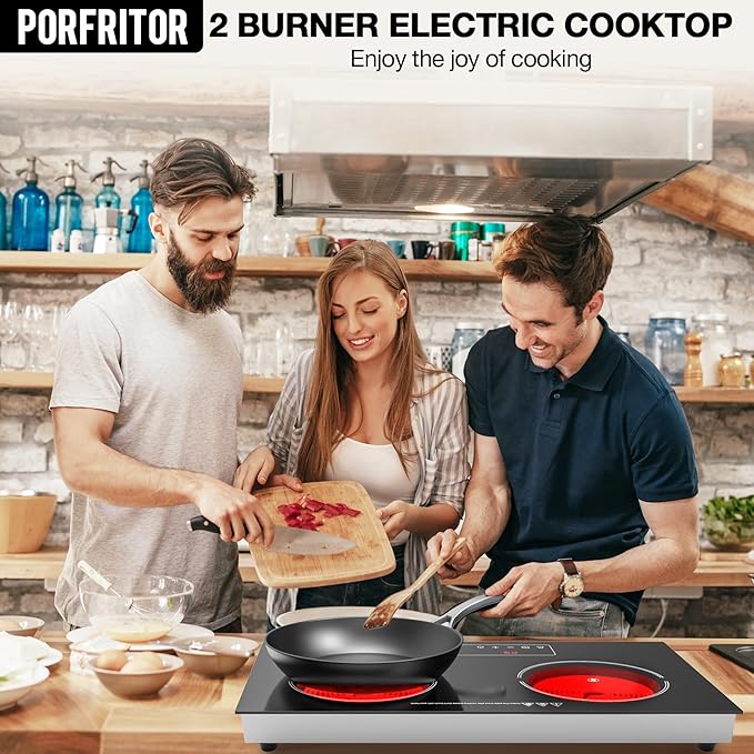 Electric Cooktop,110V 2400W 2 Burner Electric Cooktop,Countertop and Built-in Stove top with 9 Power Levels,Child Safety Lock, Timer, LED touch control,Overheat Protection