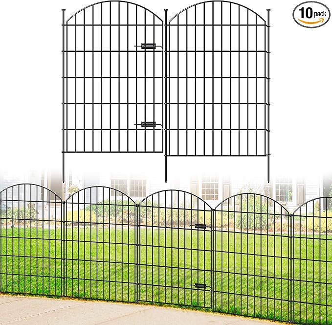Metal Garden Fence with Gate 42in (H) x 23.3ft (L), 1 Gate+ 9 Panels Dog Fence Border Fence Animal Barrier, No Dig Garden Fencing for Yard Flower Bed Lawn Patio Outdoor, ECG4210, Black