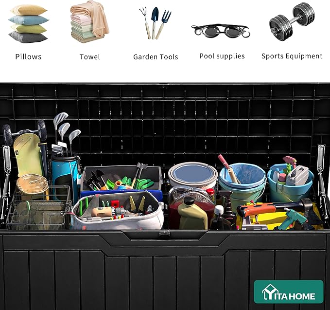 YITAHOME 100 Gallon Outdoor Storage Box, Large Water Resistant Resin Deck Box, Indoor Outdoor Lockable Storage Container for Patio, Garden, Cushions, Tools, Equipment (Black)