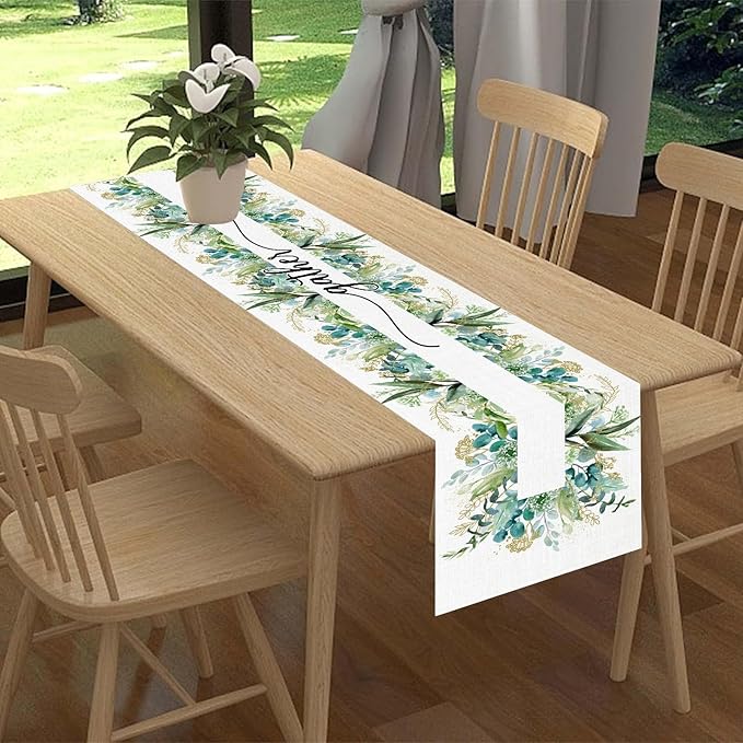 Farmhouse Table Runner, Green Gold Eucalyptus Spring Seasonal Plants Rustic Country Cafe Coffee Table Center Decor for Home Kitchen Dining Patio Indoor Outdoor Table Decorations, 13"x36" Inch