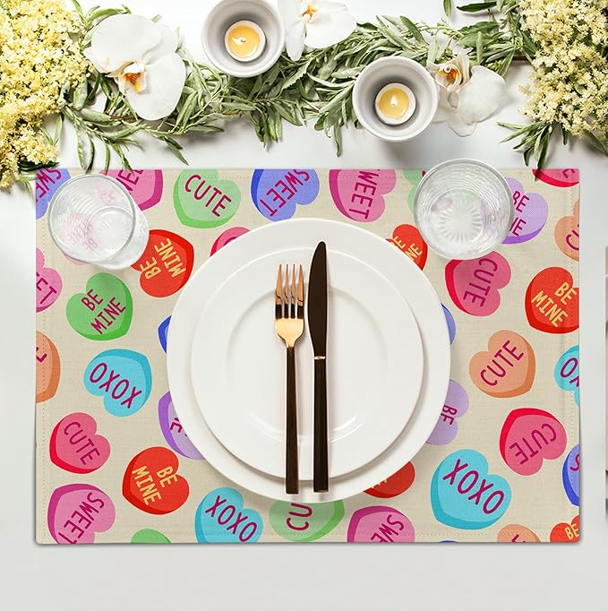 Valentine Pink Love Heart Candy Placemats Set of 4 Valentines Seasonal Table Mats Resistant Washable Dinner Mats for Outdoor Home Party Kitchen Dining 12x18 Inch