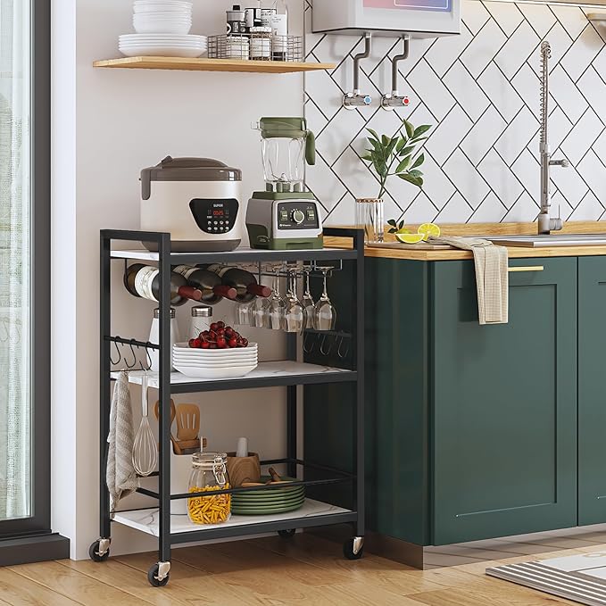 TUTOTAK Bar Cart - Serving Cart for Home - Microwave Cart, Drink Cart, Mobile Kitchen Shelf with Wine Rack and Glass Holder, Rolling Beverage Cart BC01BM030