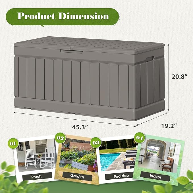 Flamaker Outdoor Storage Box 80 Gallon Resin Waterproof Deck Box Delivery Box with Wood Texture Large Storage Bin for Patio Cushions (Light Brown)
