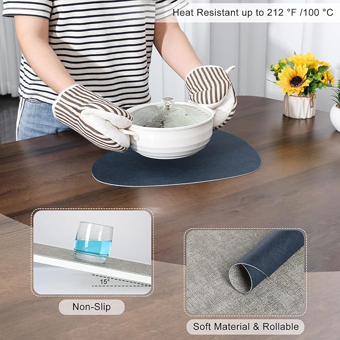 Placemats and Coasters, Washable Reversible Placemats Round Faux Leather Wipeable Place Mats Non Slip Heat Resistant Indoor Outdoor Table Mats (Set of 4, Gray Blue)