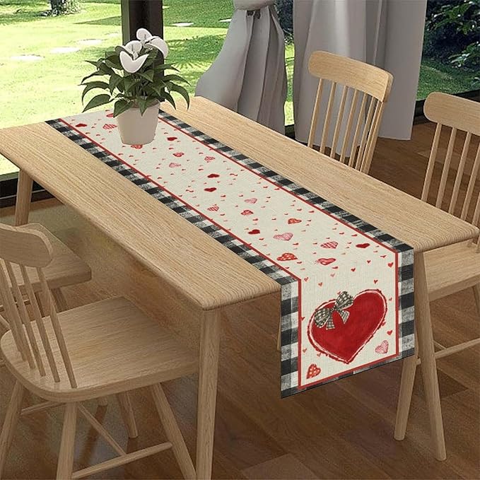 Valentines Day Table Runner,Vintage Red Black Heart Buffalo Plaid Valentines Decor for Table Seasonal Lovely Decor for Indoor Outdoor Dining Table Decorations, 13"x36"