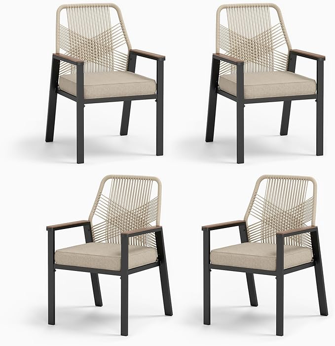 Patio Wicker Chair Sets of 4, Outdoor Dining Chairs with 3.1 inch Seat Cushions, Sturdy Metal Frame & Wood Grain Armrest, Patio Dining Chairs for Porch Backyard, Beige