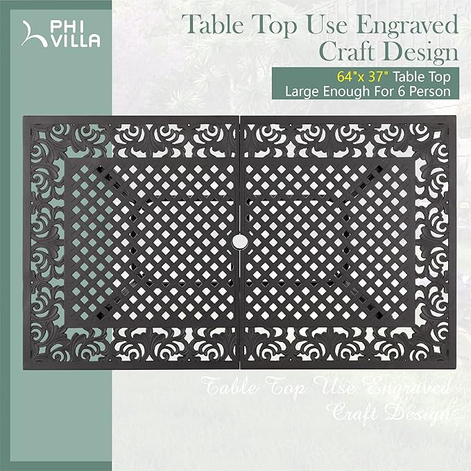 PHI VILLA Cast Aluminum Rectangular Patio Dining Tables for 6 Person, 64" x 37" Engraved Cast-Top Aluminum Table with 2.3" Umbrella Hole, Lawn Garden Tables for All Weather