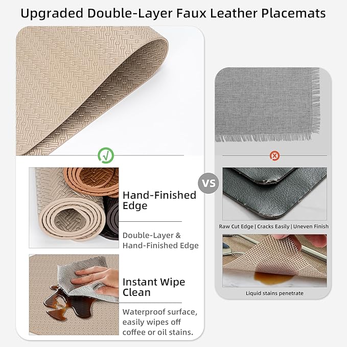 Round Faux Leather Placemats Set of 4 – 13 Inch Vinyl Table Mats, Heat Resistant, Non Slip, Wipeable & Washable, Easy to Clean Dining Table Decor for Kitchen & Dining Room（Light Taupe）
