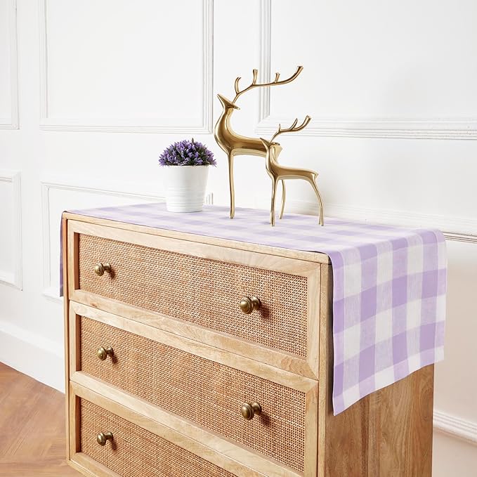 Solino Home Linen Checkered Table Runner 48 Inches - 100% Pure Linen Misty Lavender Buffalo Check Table Runner 14 x 48 Inch Ideal for Dresser and Coffee Tables - Valentines, Spring, Easter