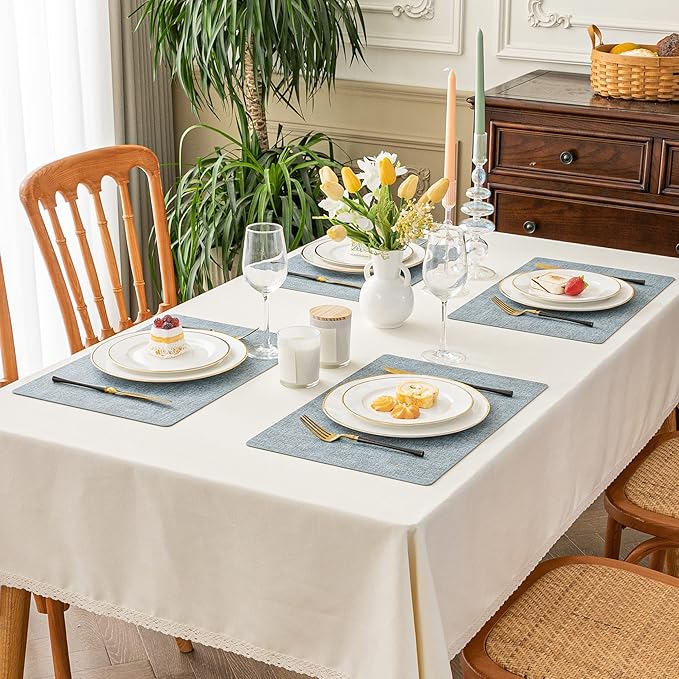Romanstile Vinyl Placemats Set of 4-12 X 17 Inch - Heat Resistant Place Mats 100% Waterproof Oilproof Wipeable Reversible Faux Leather Table Mats for Kitchen, Dining, Party, Outdoor, Sky Blue
