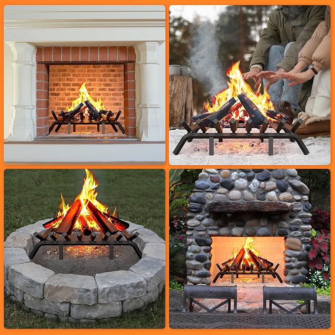 Fireplace Grate 30 Inch with 8 Support Legs, Solid Steel Heavy Duty Fireplace Log Holder with Fire Log Tongs & Fire Poker, Fireplace Log Grate for Indoor Fireplace and Outdoor In-ground Firepit