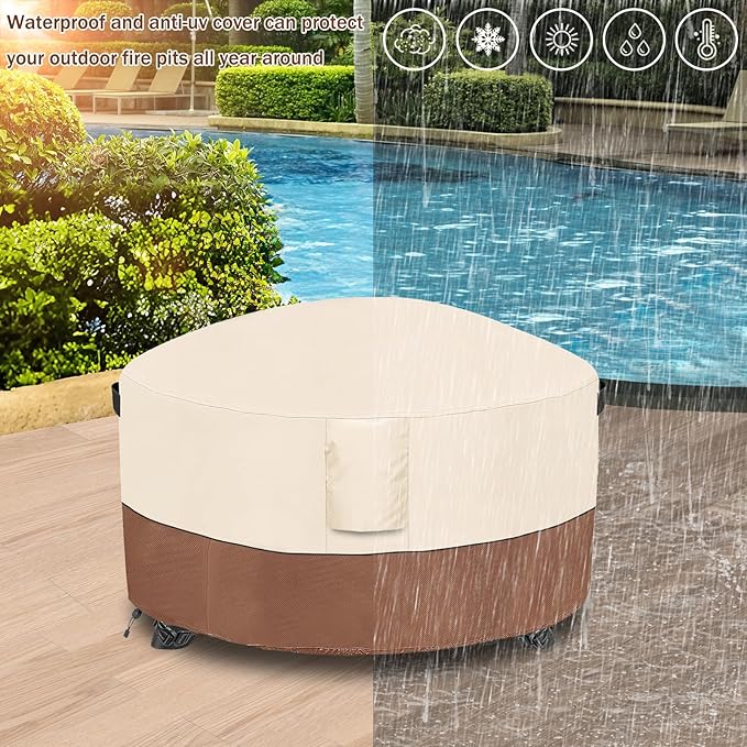 Fire Pit Cover,Outdoor Heavy Duty 600D 100% Waterproof Fire Pit Cover Round,Weatherproof Firepit Covers Round 36" Dia x 24" H,Beige & Brown