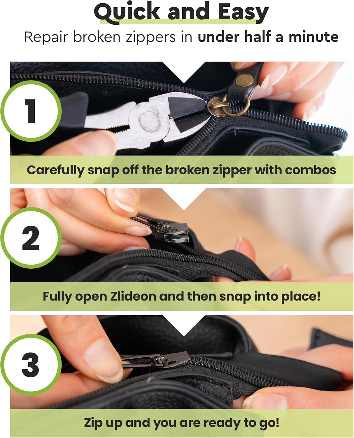 ZlideOn Zipper Pull Replacement - Black, Multipack (4 Pieces) - Instant Zipper Replacement Slider for Plastic Zippers