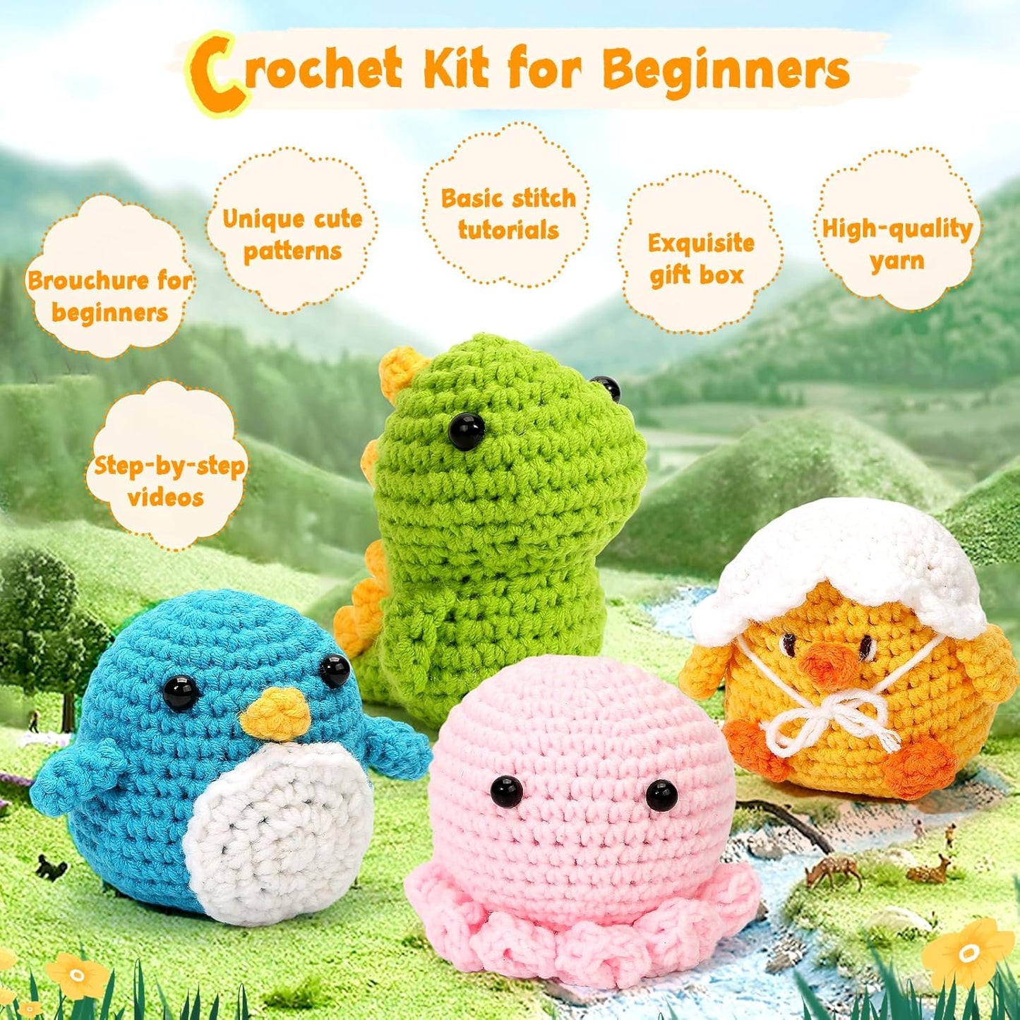 Crochet Kits for Beginners, Beginner Starter Sets with Step-by-Step Video Tutorials - Ideal Gift for Adults, Kids, Crochet Lovers, Ideal Gift for Birthday, Christmas, 4 Cute Patterns with Extra Yarn
