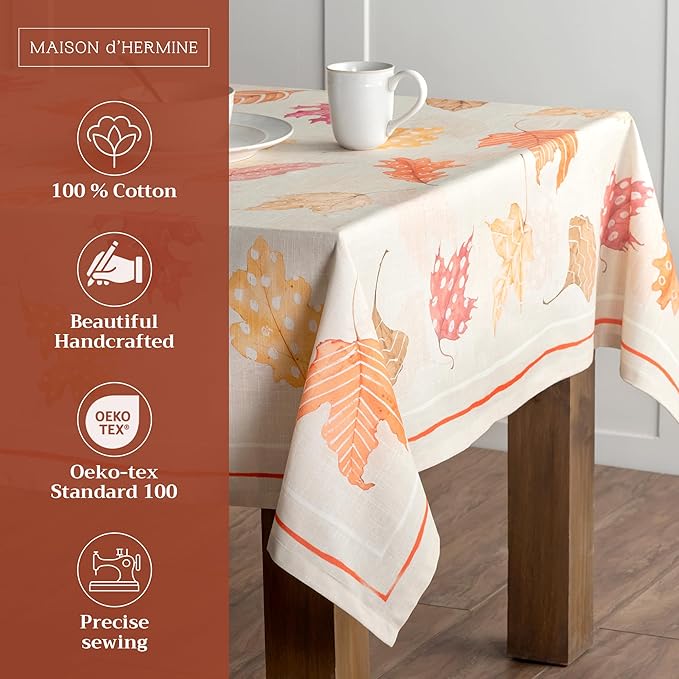Maison d' Hermine Table Cloth Rectangle Table 100% Cotton 60 x 90 Inches Fall Tablecloth Reusable Everyday Use for Thanksgiving Christmas Decorations Dining Farmhouse Party (Colours of Autumn)