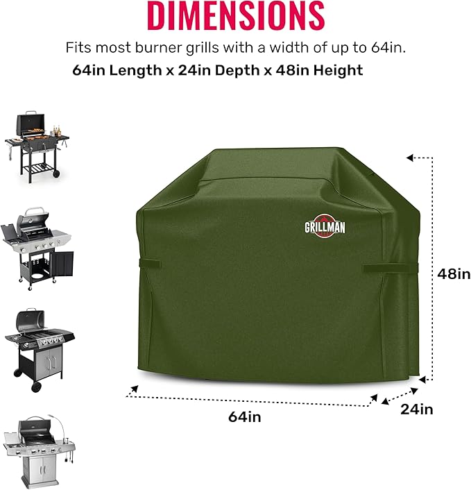 Grill Cover by Grillman, Green, 64 Inch, BBQ Outdoor Grill Covers, Charcoal & Gas Grills, Waterproof, Rip-Proof, Weather-Resistant, Anti-UV, Barbecue Cover for Weber, Genesis, Charbroil, Nexgrill, etc