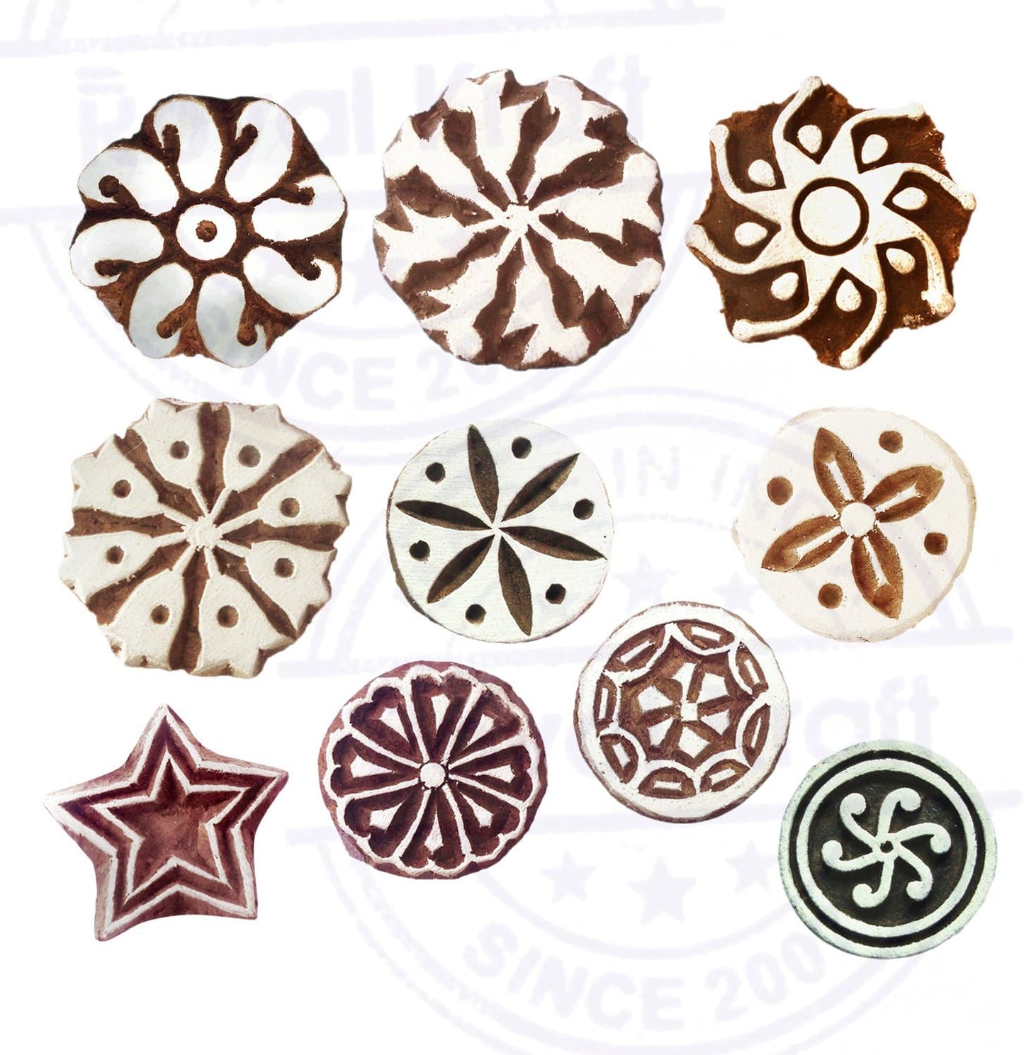 Paper Print Stamps Intricate Small Round Pattern Wood Blocks (Set of 10)