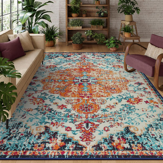 Lahome Boho Rugs for Living Room 8x10,Washable Orange Bedroom Area Rug Soft Low Pile Dining Room Rugs for Under Table,Vintage Thin Non Slip Printed Nursery Area Rug for Playroom Office(8x10ft Orange)