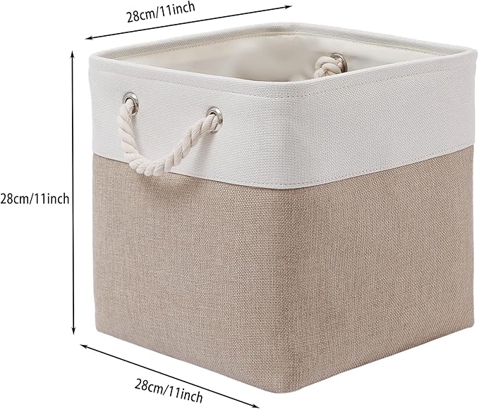 11 x 11 Inch Cube Storage Bins, 6 Pack Large Collapsible Fabric Storage Bin with Ropes, Foldable Storage Cubes for Home, Office,Closet, Clothes, Toys Organizer (White & Beige-11"x11"x11")