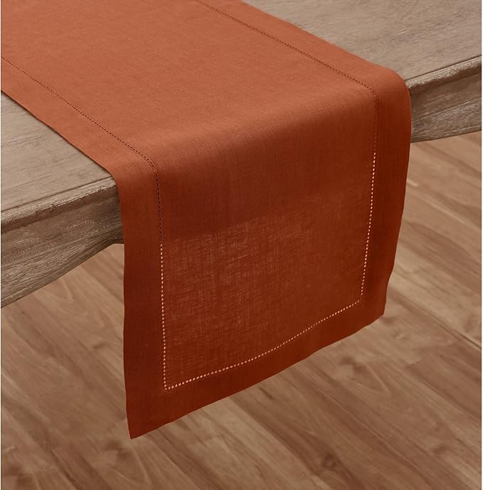 Solino Home Linen Cinnamon Hemstitch Table Runner 60 Inches - 100% Pure Linen Small Table Runner 14 x 60 Inch Ideal for Dresser and Coffee Tables - Classic Hemstitch