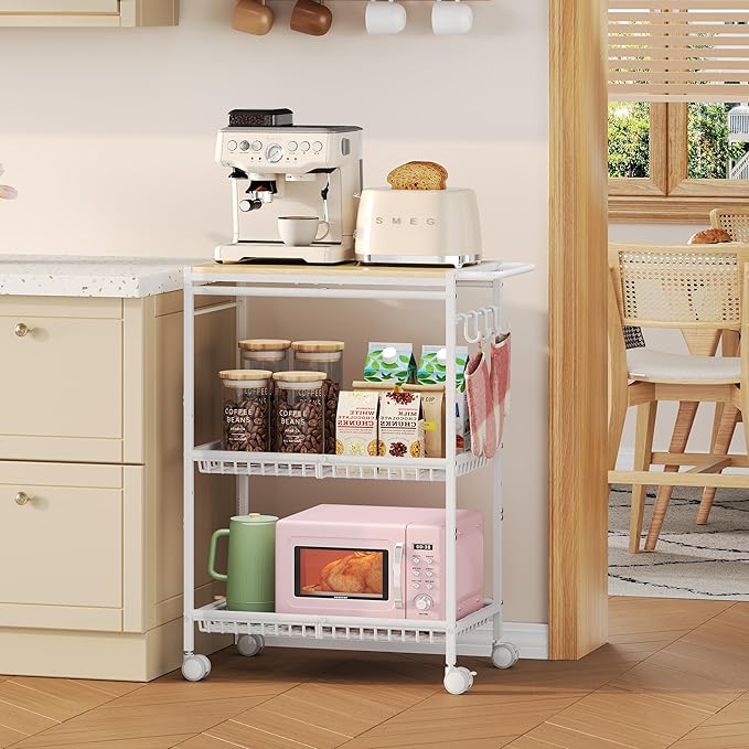 Microwave Kitchen Cart with 2 Lockable Wheels, White Kitchen Storage Cart with Push Handle, 3 Tier Rolling Cart with 160Lbs Capacity for Kitchen Island, Restaurant, Coffee Bar, Living Room, Office