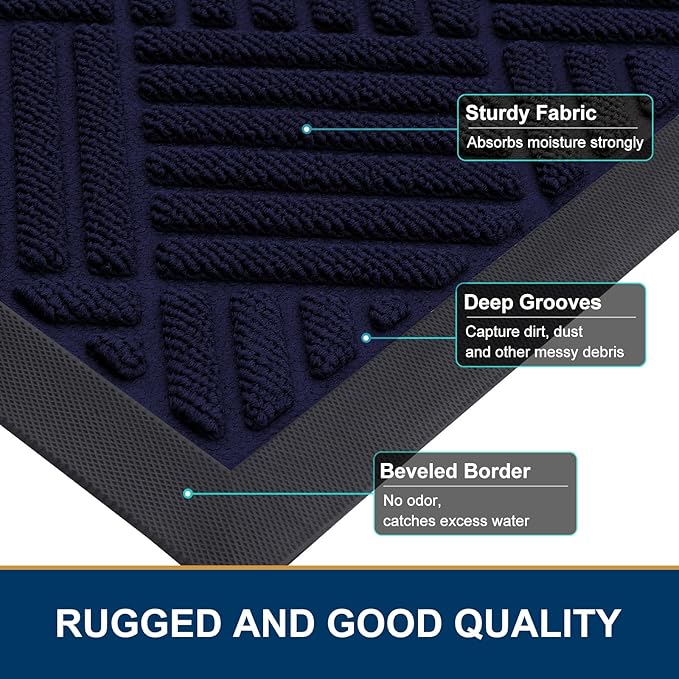 Smiry Front Door Mat Outside Entrance, Heavy Duty Outdoor Indoor Mat, Natural Rubber Doormat, Non Slip, Trap Dirt and Moisture, Easy Clean, Low Profile Patio Porch Entryway Mat, 29.5x17, Black Blue