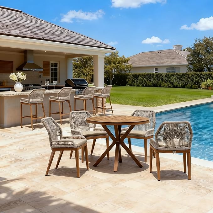 PURPLE LEAF 5 Pieces Round Dining Set Patio Aluminum Modern Round Table and Wicker Chairs with Cushions for Kitchen Porch Garden Outdoor Furniture Set with Counter Stools