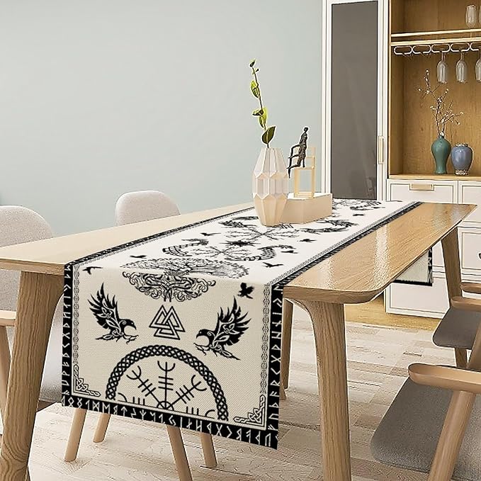 Viking Tree of Life Table Runner, Raven Helmet of Awe Seasonal Table Runner for Kitchen Dining Home Party 13x90in