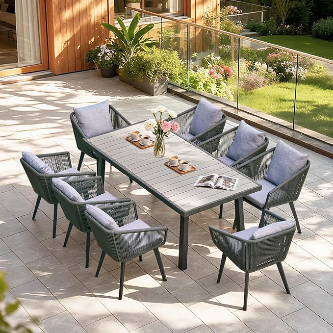 9 Pieces Patio Dining Set for 8 - All Weather Outdoor Dining Sets, All in One Outdoor Table and Chairs, Wicker Outdoor Patio Furniture Sets with Cushions and Pillows, Grey
