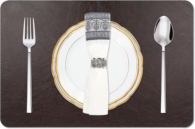 Cowhide Pattern Faux Leather Placemats Set of 4,Heat Resistant Non-Slip Waterproof Wipeable Washable Kitchen Dining PU Table Place Mats,Double-Sides Available,Black Brown